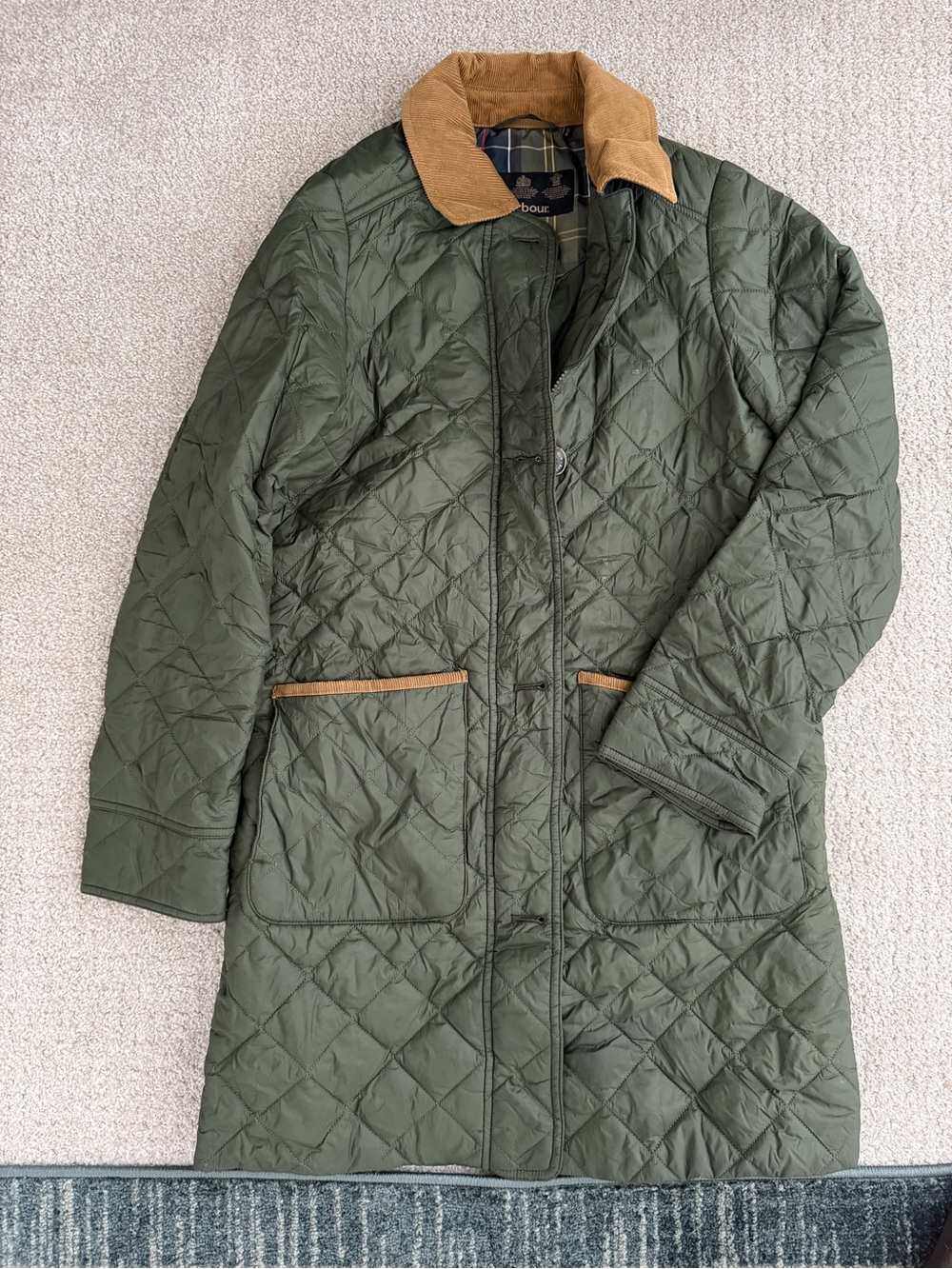 Barbour Quilted Olive Green Women's Coat with Contrast Collar